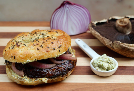 PORTOBELLO BURGERS WITH JALAPEÑO CREAM CHEESE AND QUICK PICKLED RED ONIONS