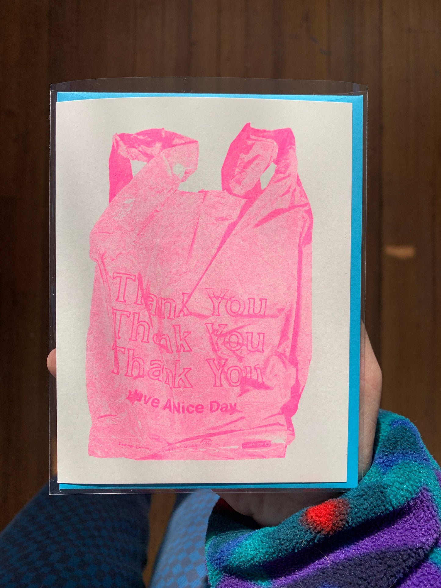 Pink Thank You Bag Risograph A2 Greeting Card