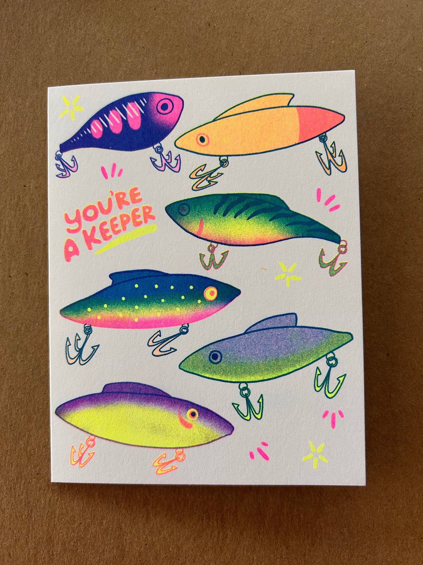 You're a Keeper (Fishing Lures) - Risograph Greeting Card
