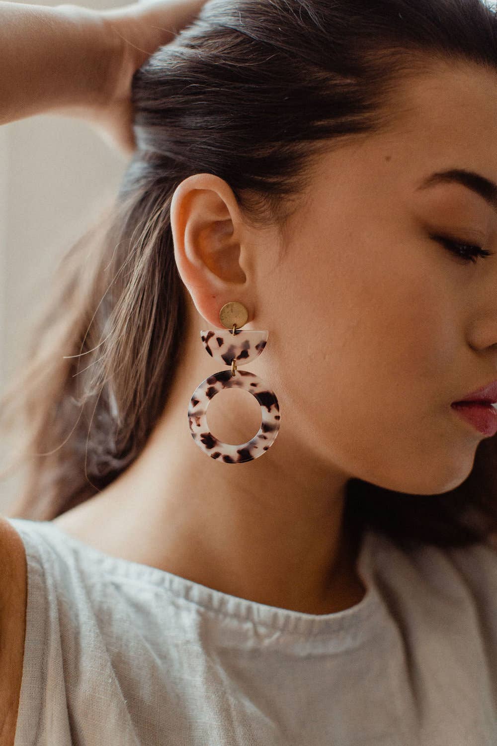Acetate and Brass tortoise hoop stud Earrings