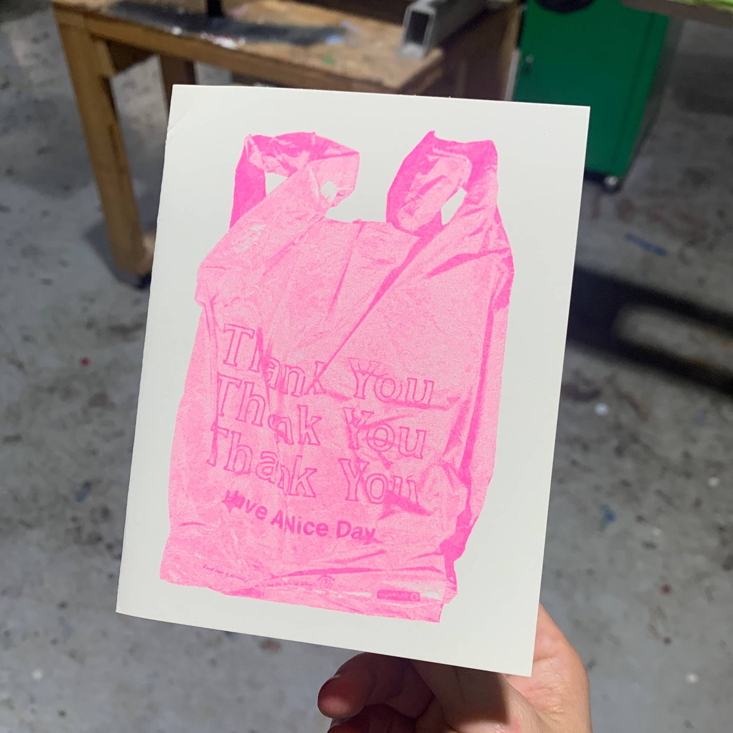 Pink Thank You Bag Risograph A2 Greeting Card