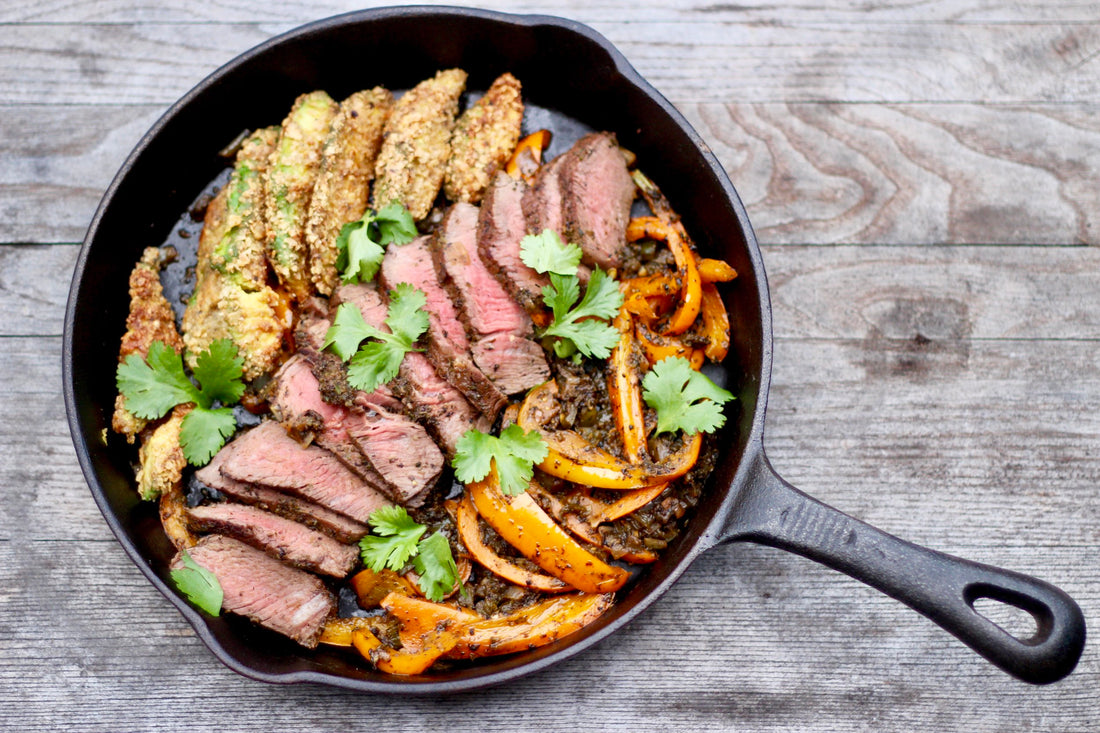 CARNE ASADA FAJITAS WITH TORTILLA CHIP COATED FRIED AVOCADOS