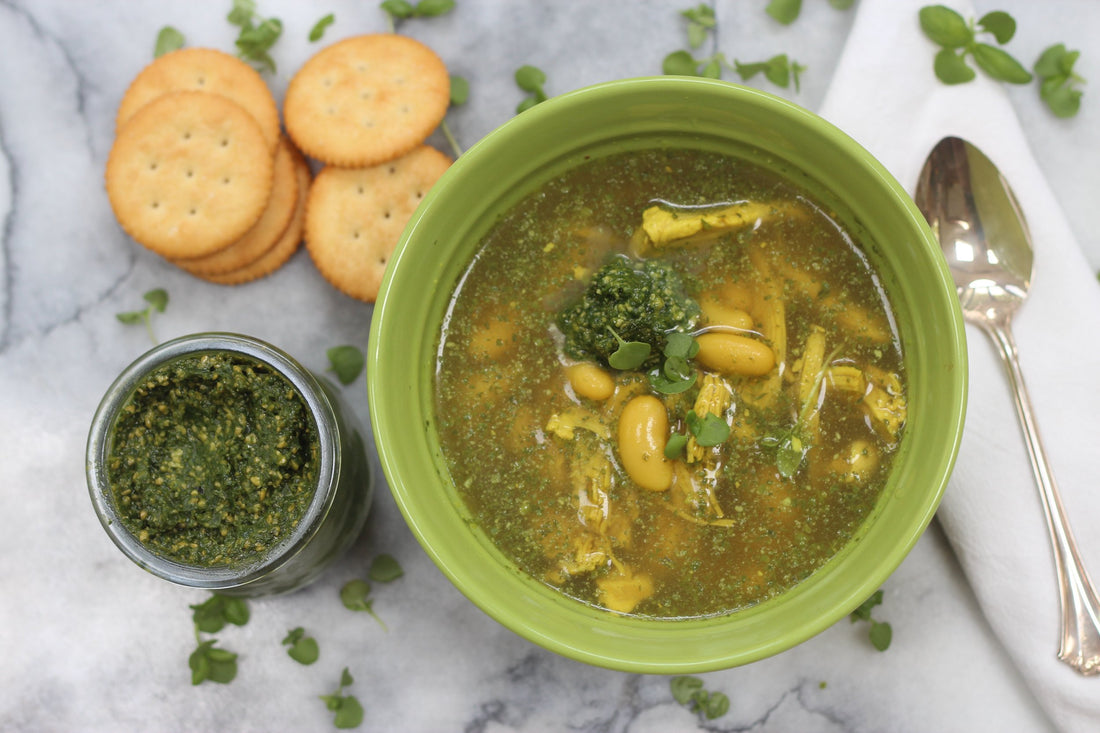 CHICKEN SOUP WITH PESTO AND WHITE BEANS