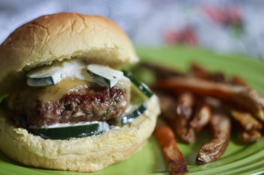 LAMB BURGERS WITH DILL HAVARTI AND CUCUMBER HERB SALAD