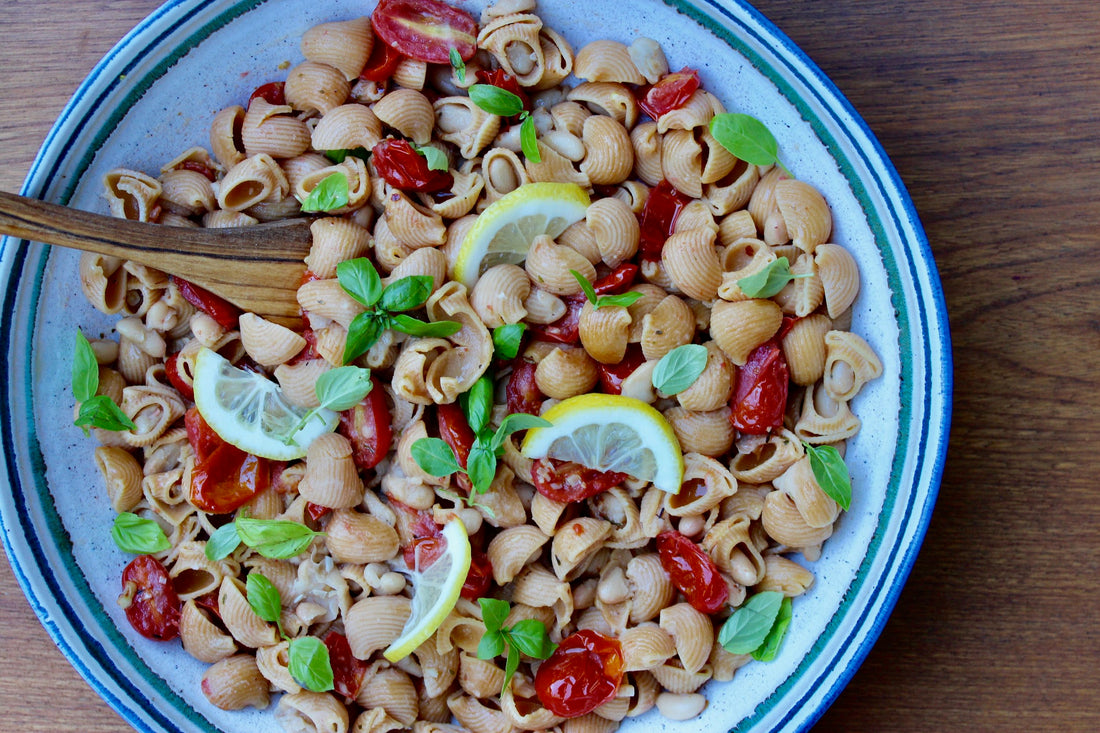 LEMONY PASTA WITH BURST CHERRY TOMATOES, OREGANO AND WHITE BEANS
