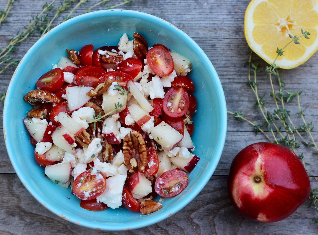 PEACH, TOMATO AND FETA SALAD WITH LEMON THYME VINAIGRETTE AND TOASTED PECANS