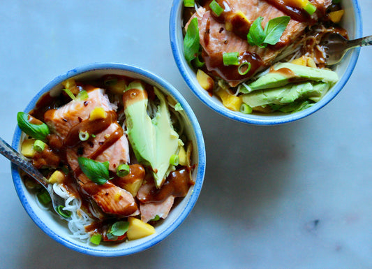 SALMON SPRING ROLL BOWLS WITH MANGO AND SPICY PEANUT SAUCE