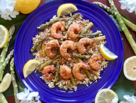 SHRIMP SCAMPI WITH ASPARAGUS AND HERB BROWN RICE