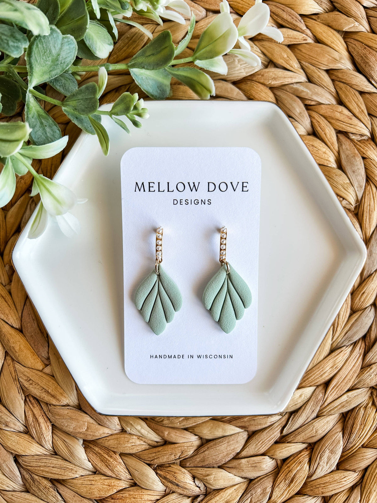 Sage Leaf Drop with Pearl Hoop-Mellow Dove Designs