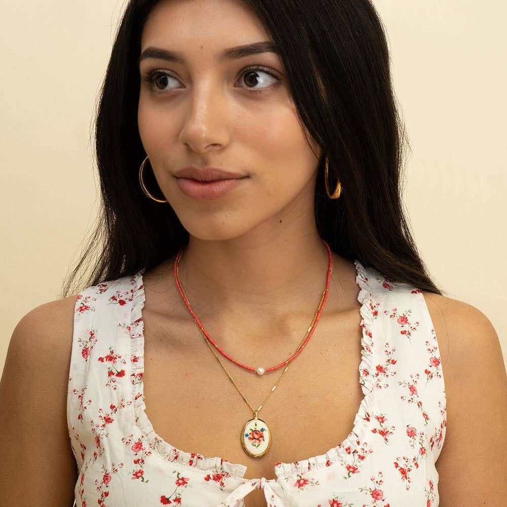 Needlepoint Pink Flower Vintage Necklace