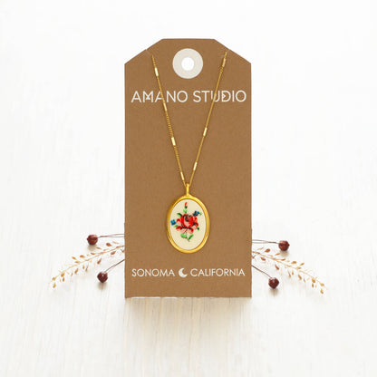 Needlepoint Pink Flower Vintage Necklace