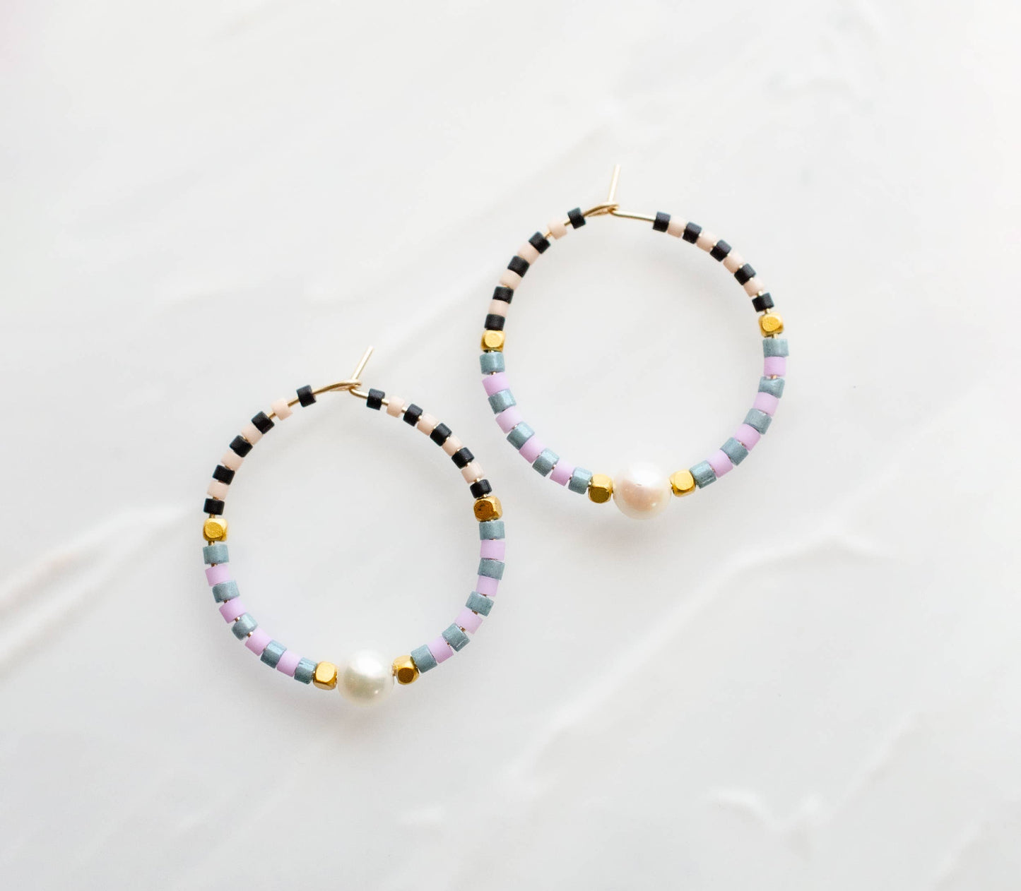 Checked beaded mini hoops: Blue & Lavender