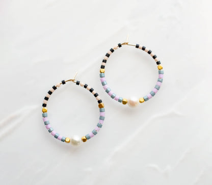 Checked beaded mini hoops: Blue & Lavender