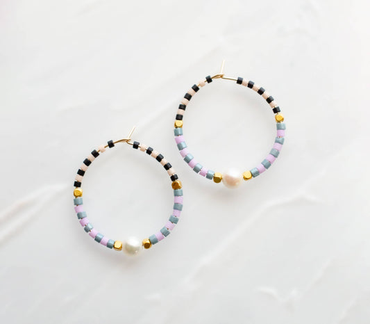 Checked beaded mini hoops: Blue & Lavender