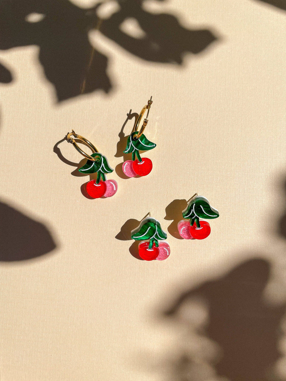 Mini Cherry Earrings w/ Gold Hoops- Sunnie Creative