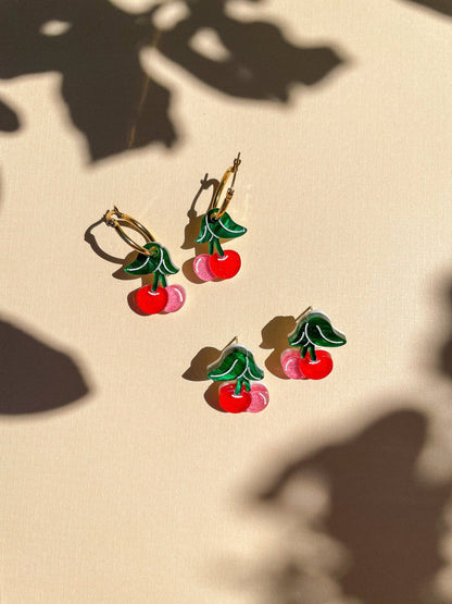 Mini Cherry Earrings w/ Gold Hoops- Sunnie Creative