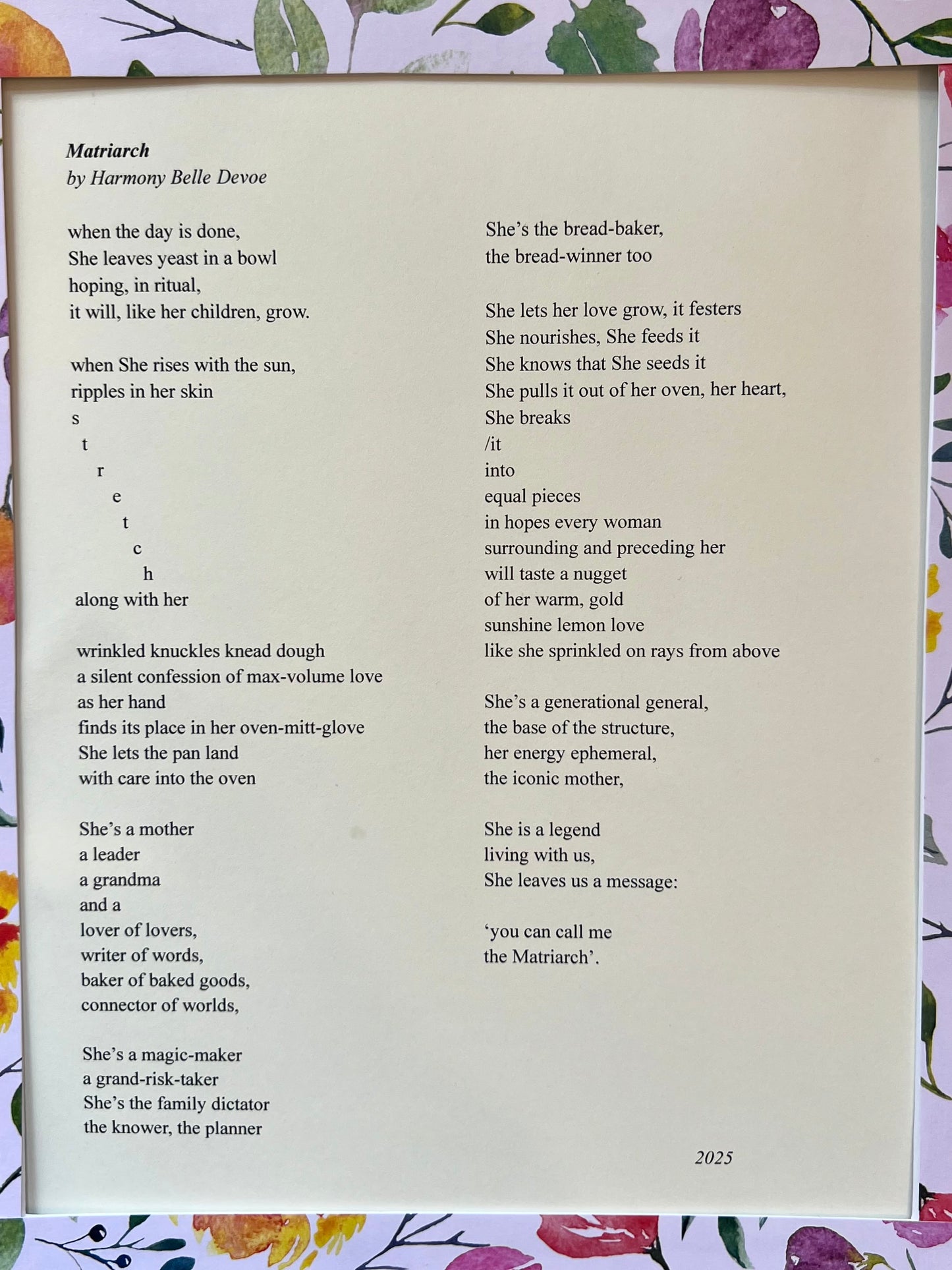 Matriarch Poem with Floral Mat- Harmony Belle
