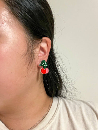 Mini Cherry Earrings w/ Gold Hoops- Sunnie Creative