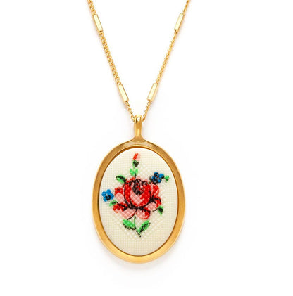 Needlepoint Pink Flower Vintage Necklace