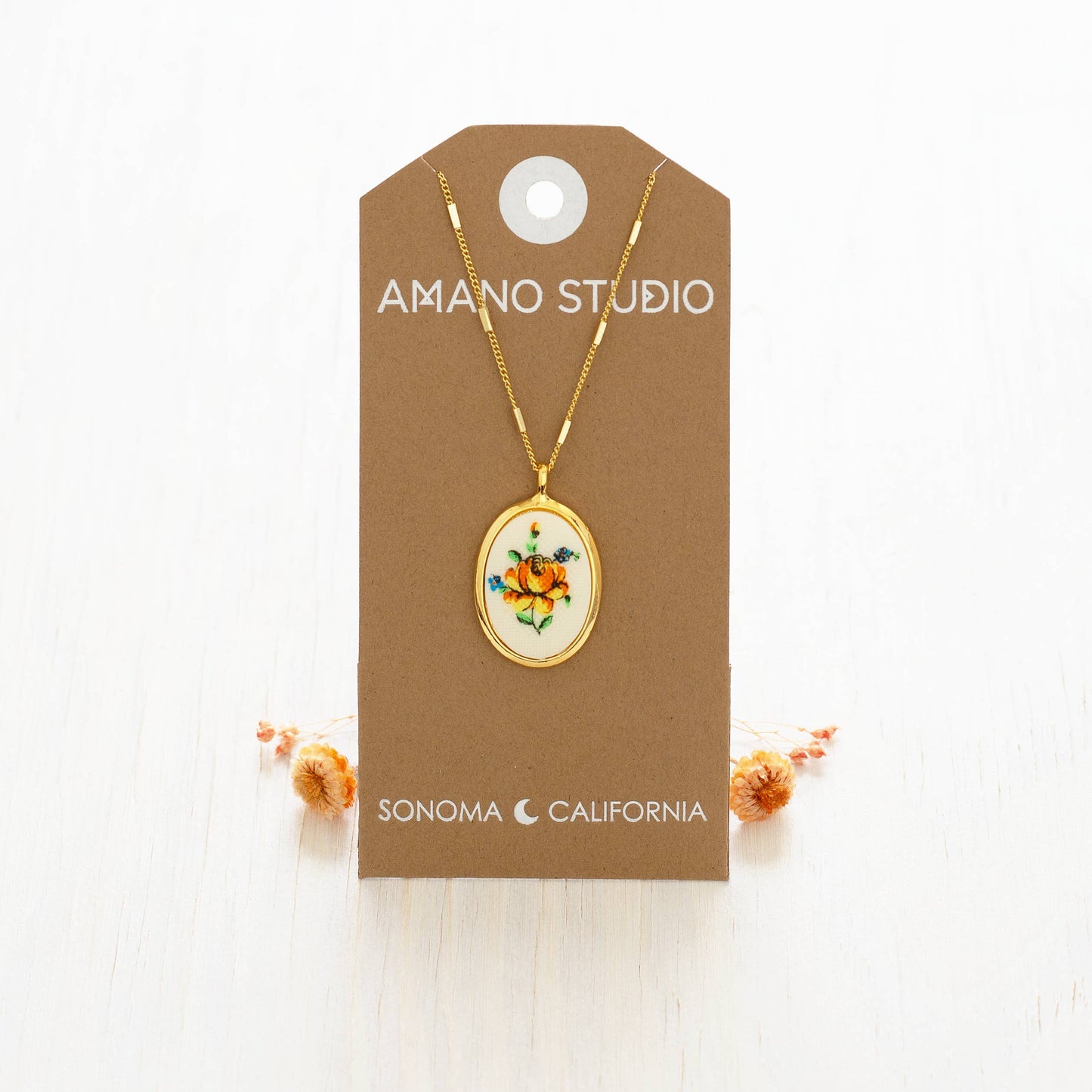 Needlepoint Flower Vintage Cameo Necklace