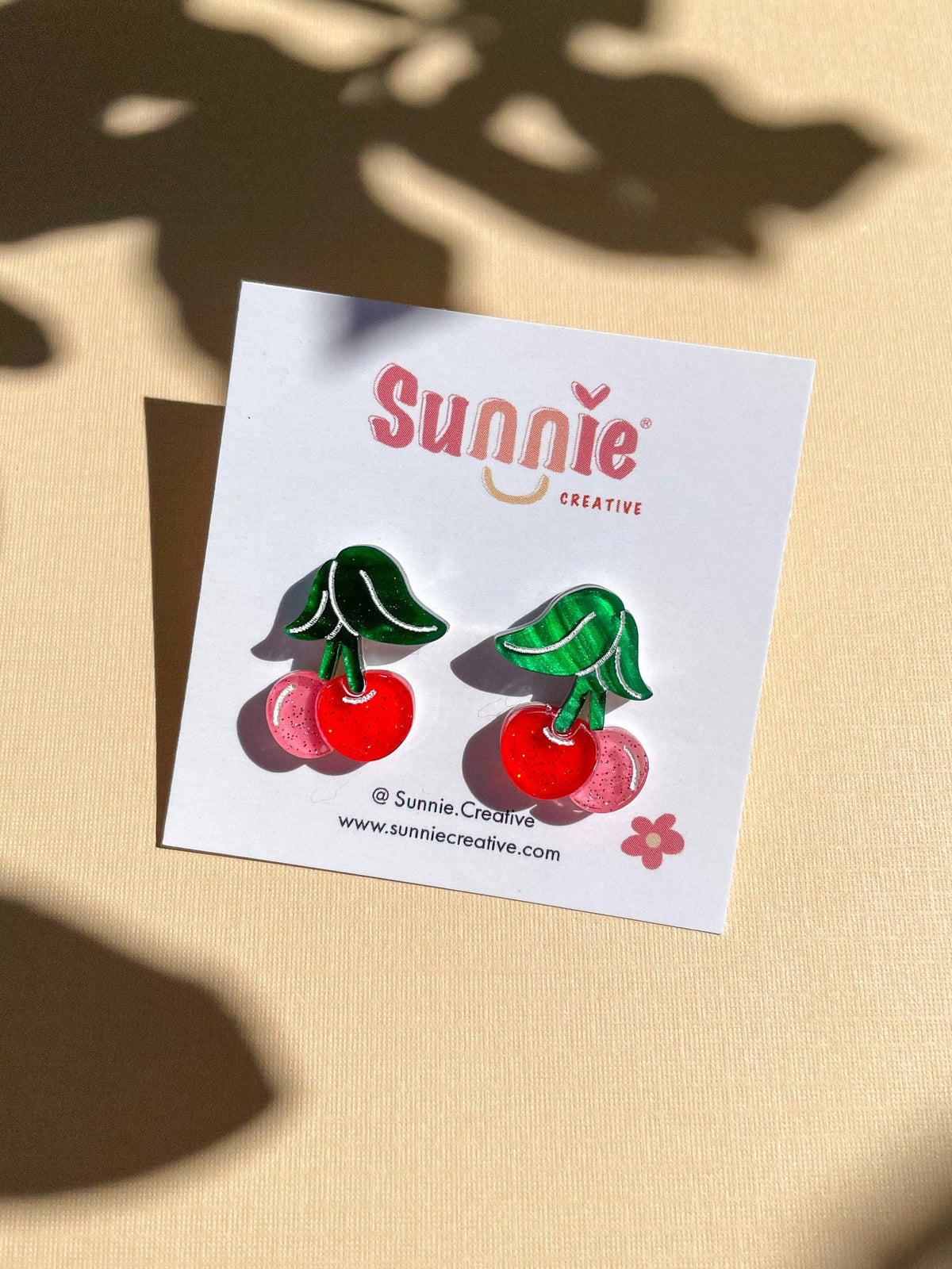 Mini Cherry Earrings w/ Gold Hoops- Sunnie Creative