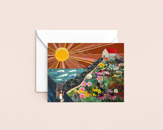 Good Luck Card, New Beginnings, Sun and Flowers Notecard
