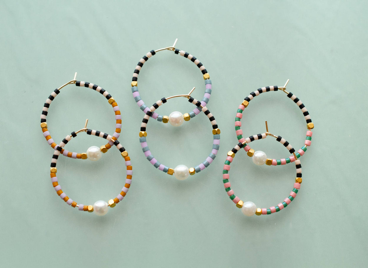 Checked beaded mini hoops: Blue & Lavender