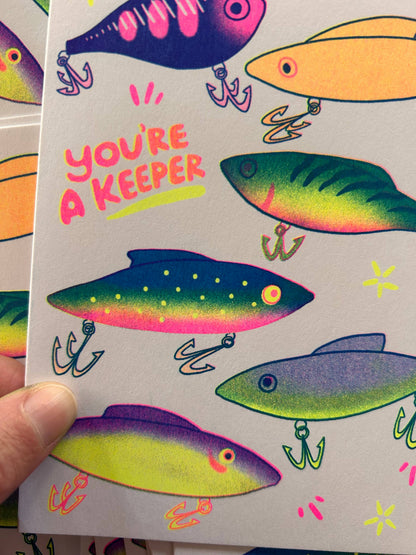 You're a Keeper (Fishing Lures) - Risograph Greeting Card 