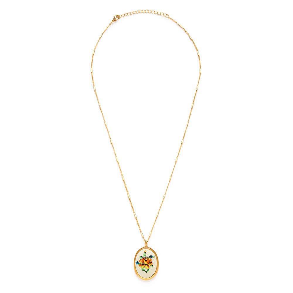Needlepoint Flower Vintage Cameo Necklace