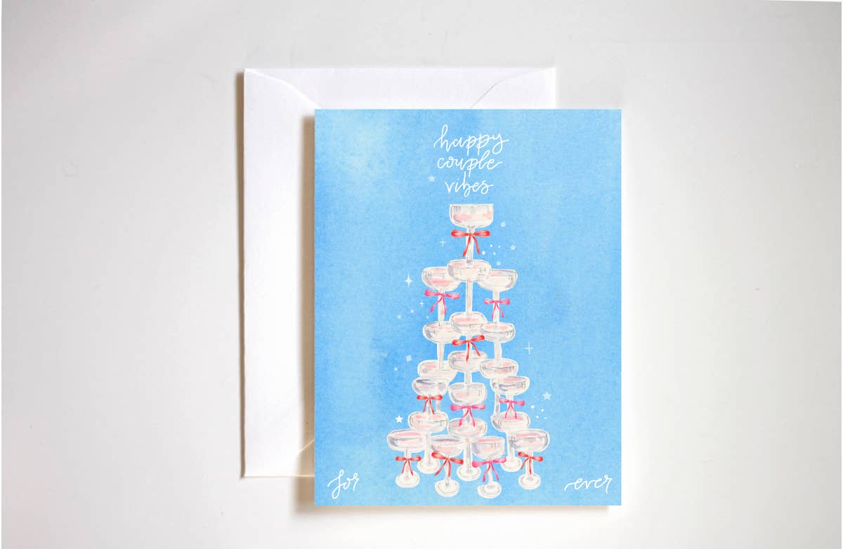 Champagne tower  engagement card Stephanie Tara Stationery