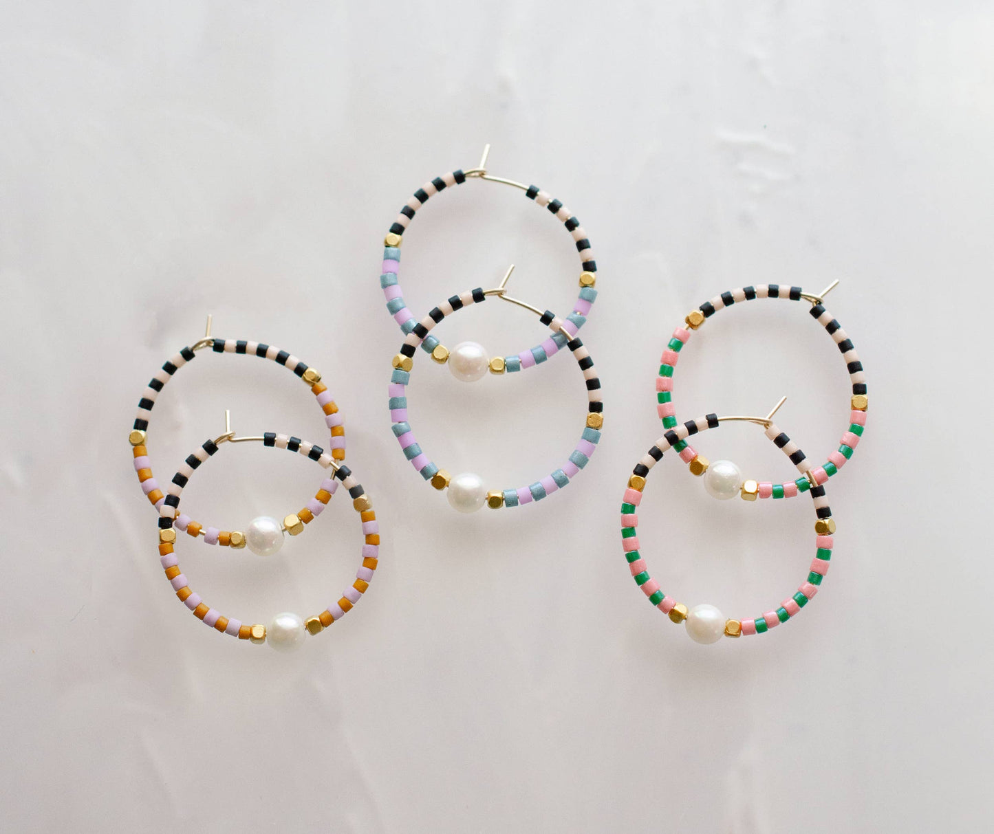 Checked beaded mini hoops: Blue & Lavender