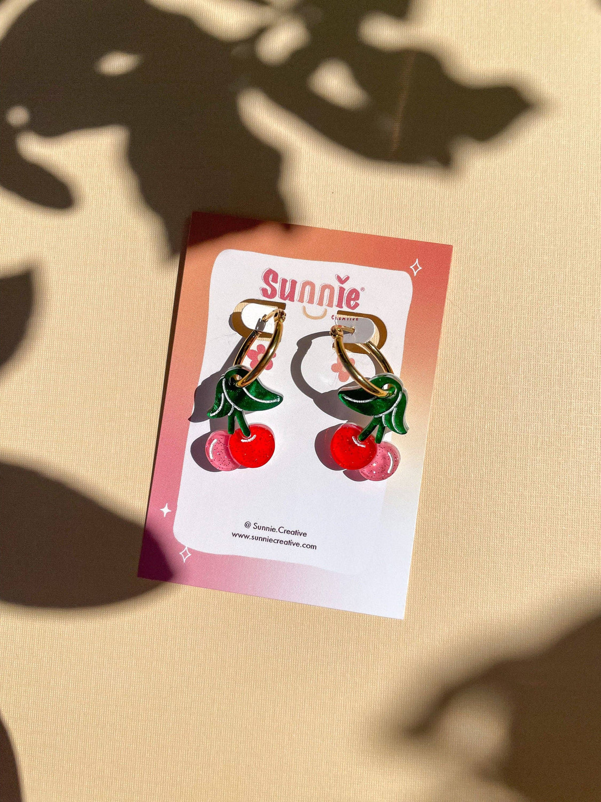 Mini Cherry Earrings w/ Gold Hoops- Sunnie Creative