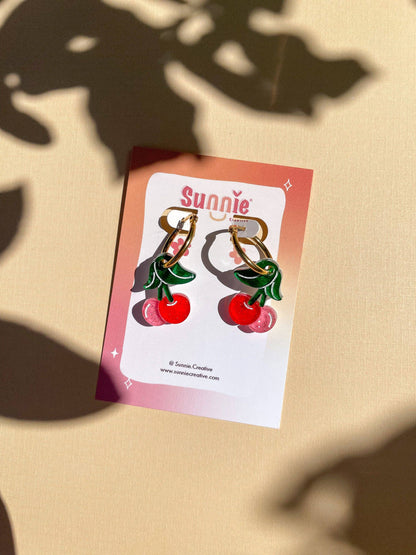 Mini Cherry Earrings w/ Gold Hoops- Sunnie Creative