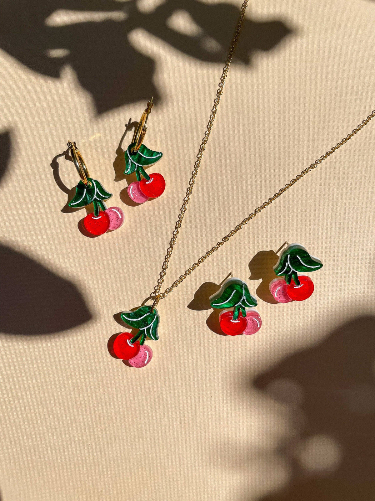 Mini Cherry Earrings w/ Gold Hoops- Sunnie Creative