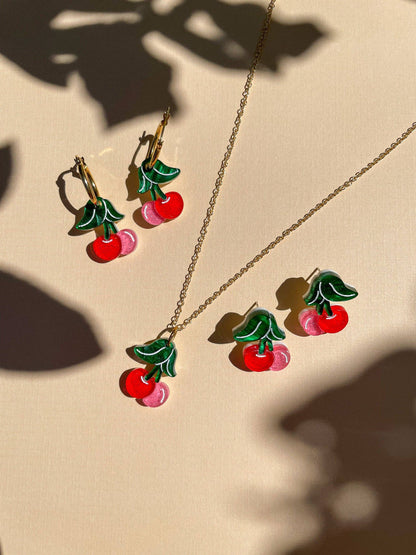 Mini Cherry Earrings w/ Gold Hoops- Sunnie Creative