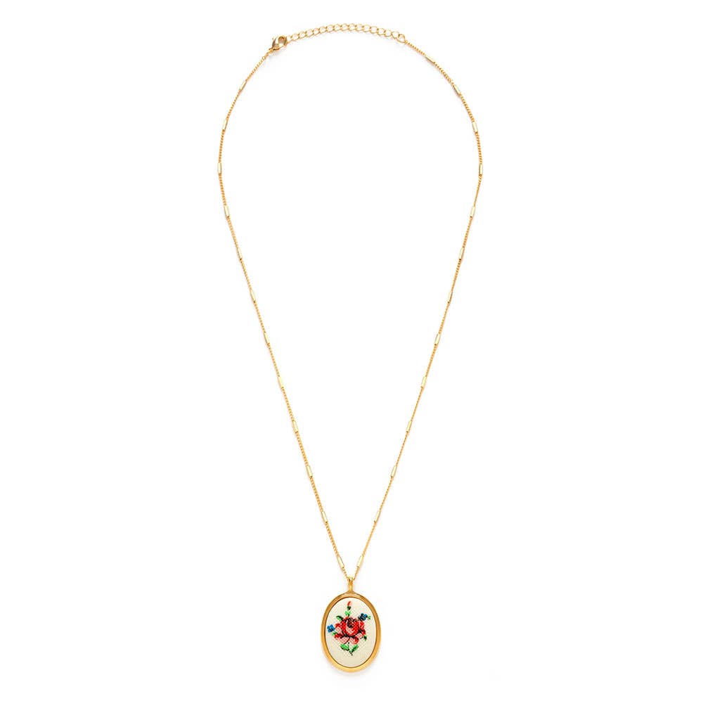 Needlepoint Pink Flower Vintage Necklace