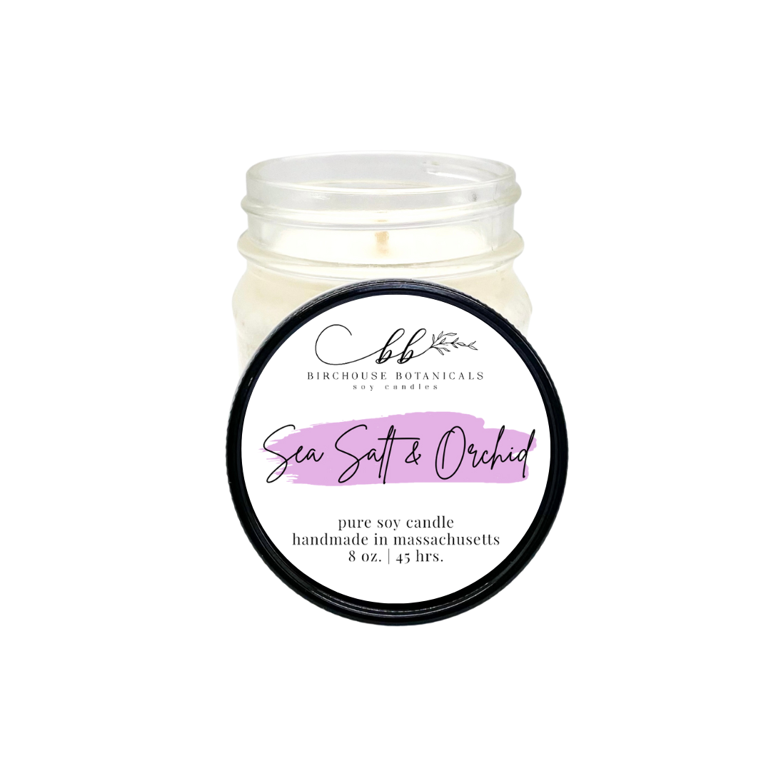 Sea Salt and Orchid - 8 oz. Pure Soy Candle - Birchouse Botanicals - Soy Candles