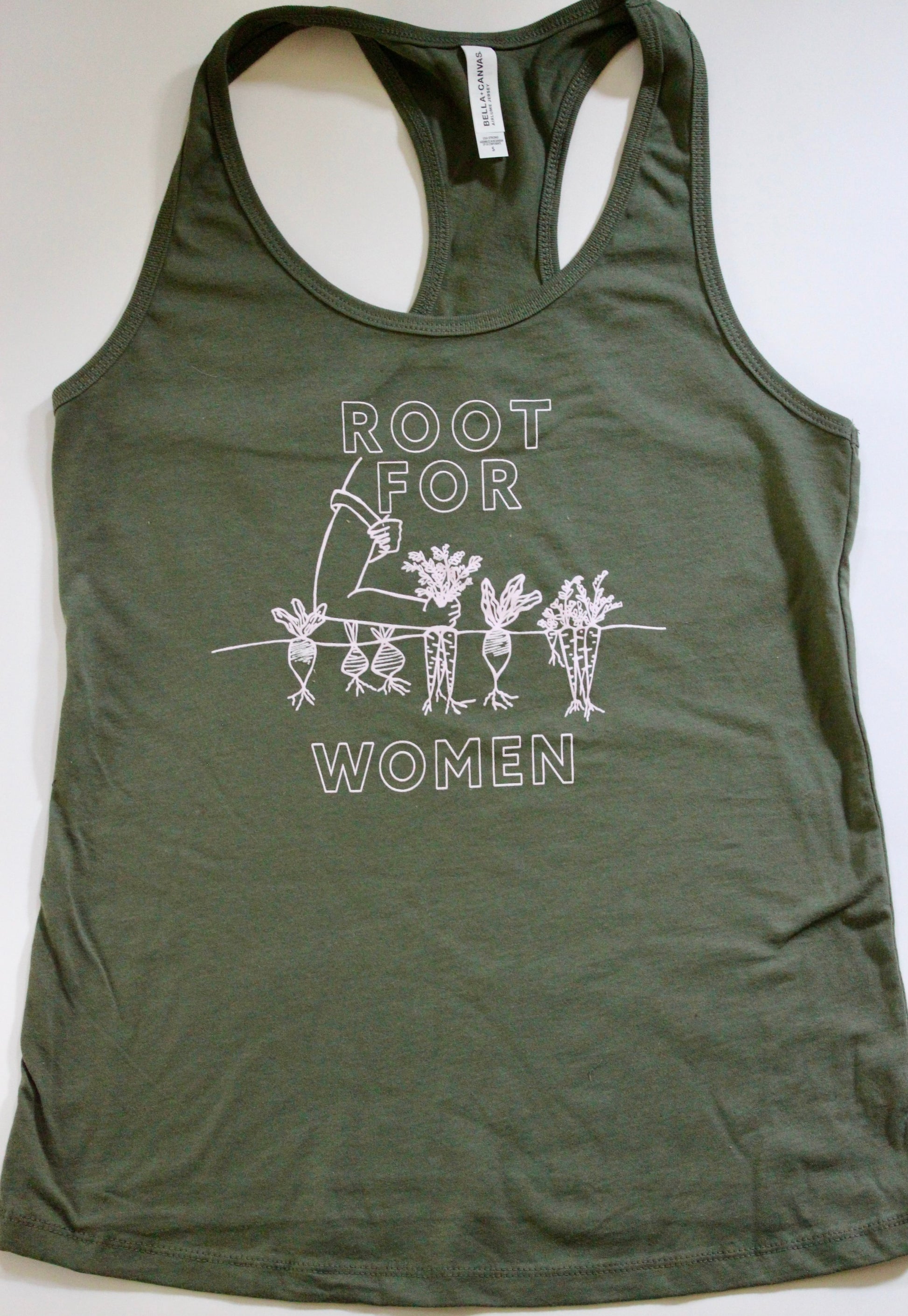 An olive green tank top with white block letters that read "Root for Women"